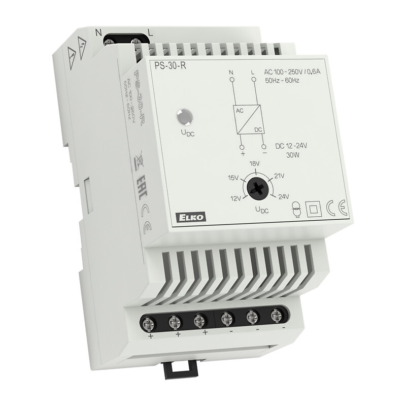 Stabiloitu teholähde säädettävällä lähdöllä 230VAC/12-24VDC 2.5-1.2A