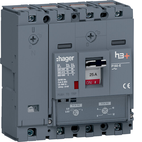 Kompaktikatkaisija h3+ p160 aset. TM-suojareleellä 4-napainen 25A 70kA