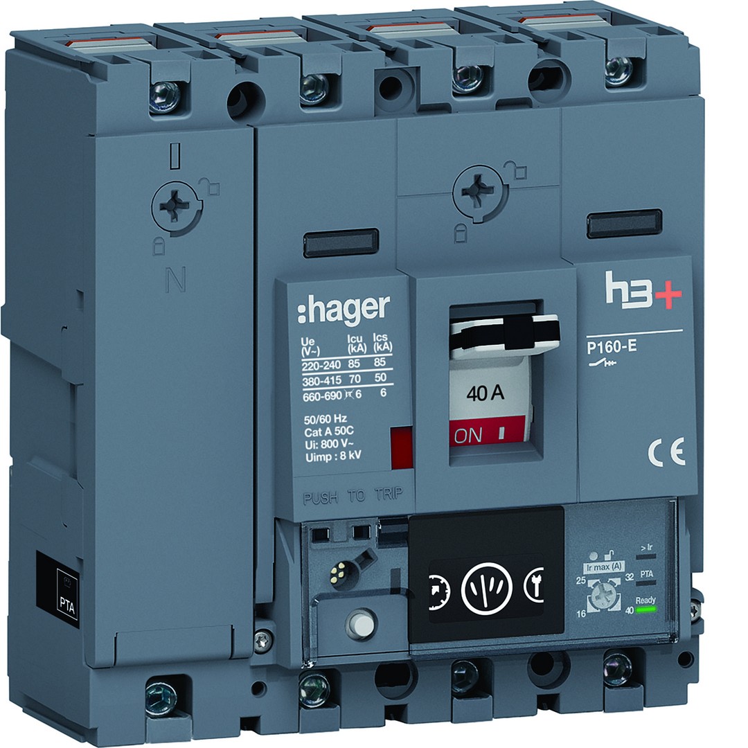 Kompaktikatkaisija h3+ p160 mittaust. Energy-suojareleellä 4-napainen 40A 70kA