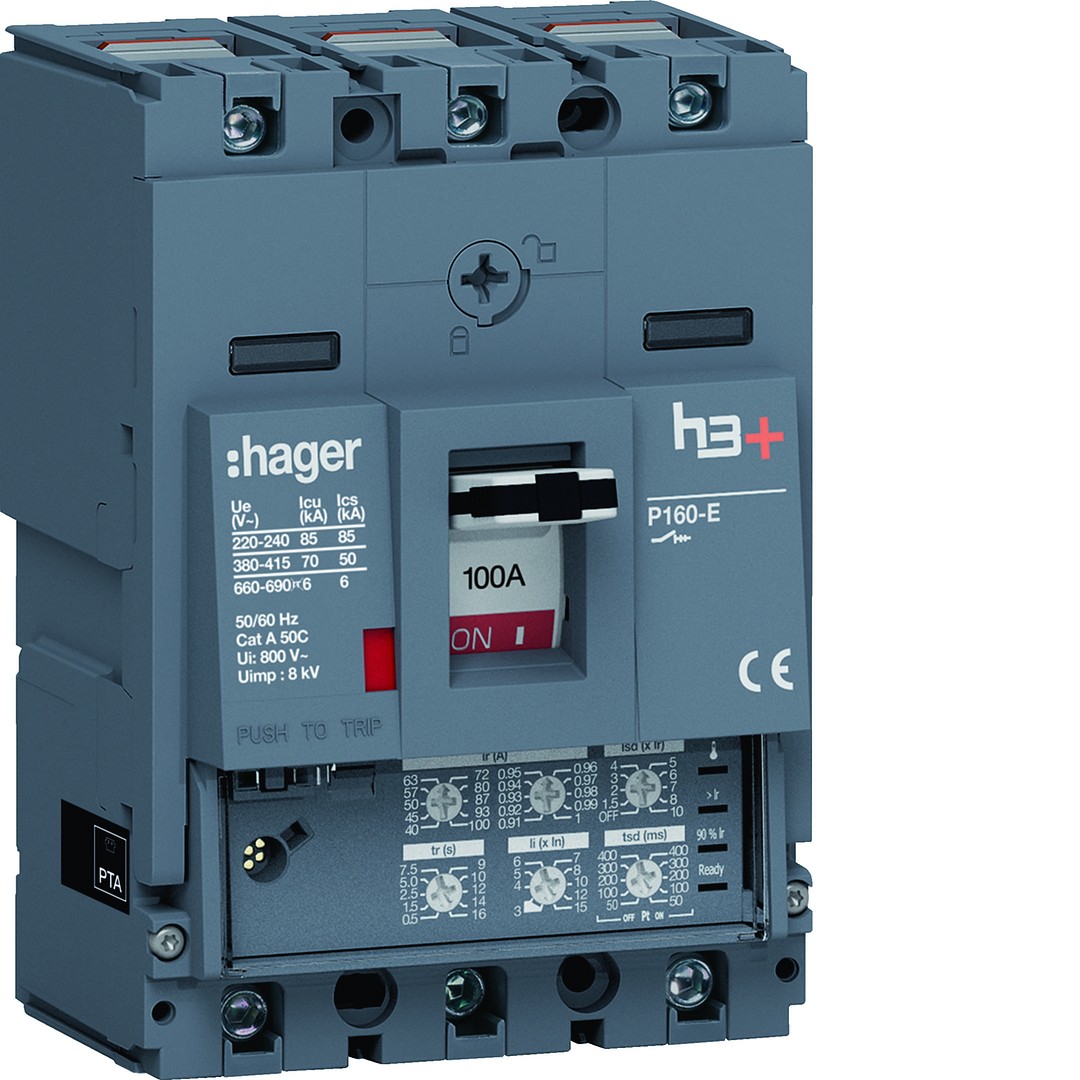 Kompaktikatkaisija h3+ p160 aset. LSI-suojareleellä 3-napainen 100A 70kA