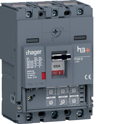 Kompaktikatkaisija h3+ p160 aset. LSI-suojareleellä 3-napainen 100A 70kA