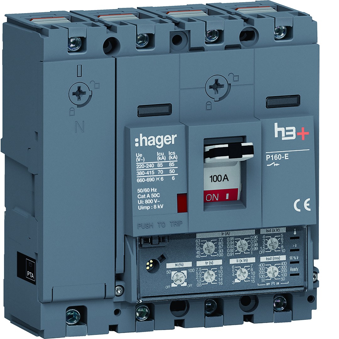 Kompaktikatkaisija h3+ p160 aset. LSI-suojareleellä 4-napainen 100A 70kA