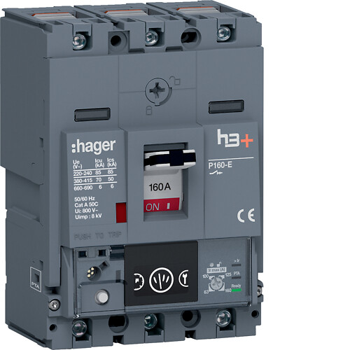 Kompaktikatkaisija h3+ p160 mittaust. Energy-suojareleellä 3-napainen 160A 70kA