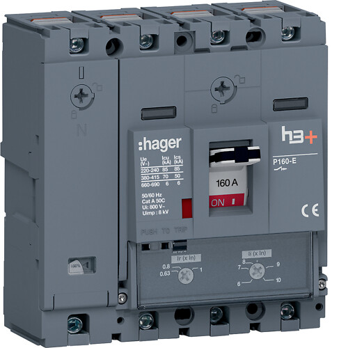 Kompaktikatkaisija h3+ p160 aset. TM-suojareleellä 4-napainen 160A 70kA