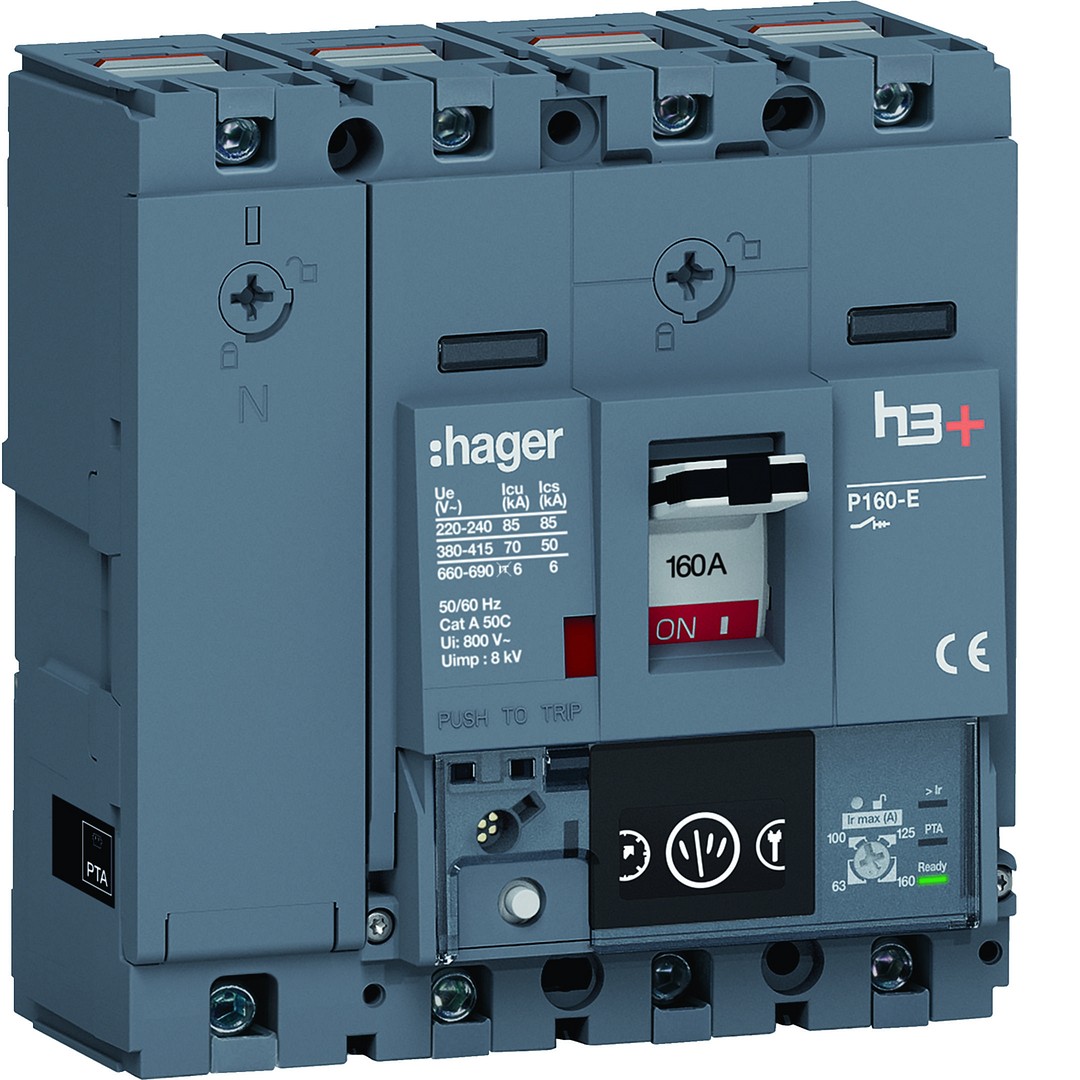 Kompaktikatkaisija h3+ p160 mittaust. Energy-suojareleellä 4-napainen 160A 70kA