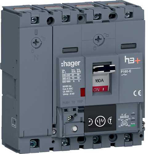 Kompaktikatkaisija h3+ p160 mittaust. Energy-suojareleellä 4-napainen 160A 70kA