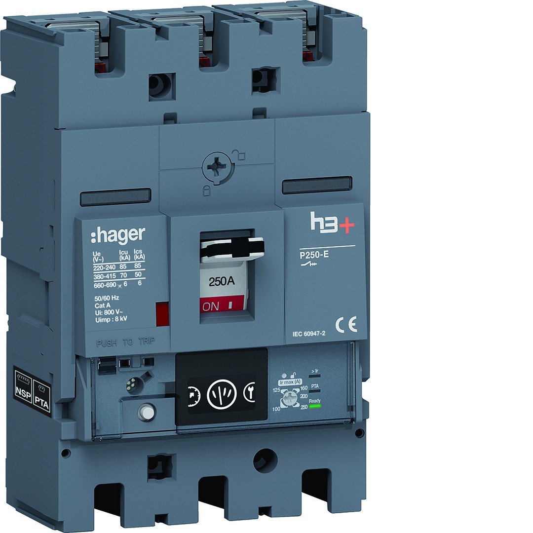 Kompaktikatkaisija h3+ p250 mittaust. Energy-suojareleellä 3-napainen 250A 70kA