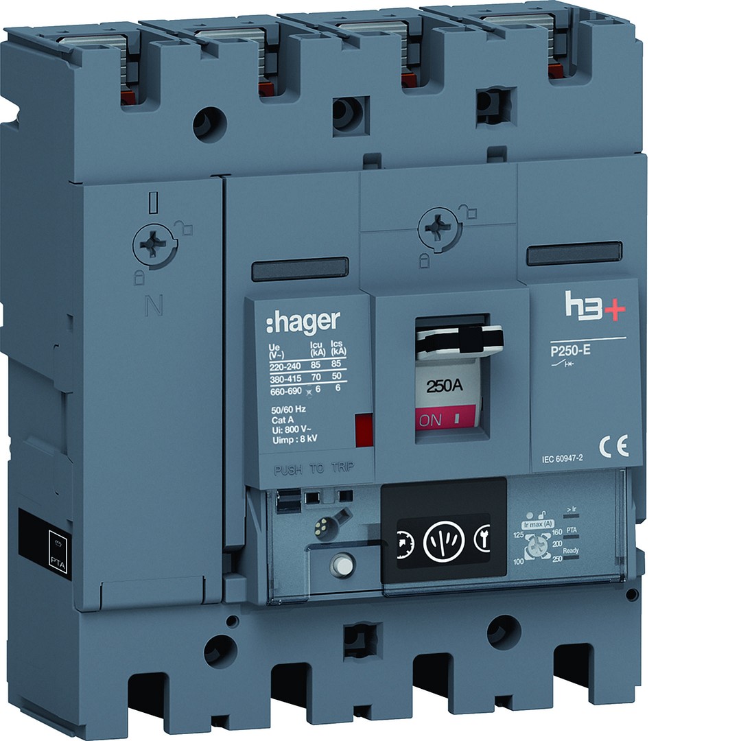 Kompaktikatkaisija h3+ p250 mittaust. Energy-suojareleellä 4-napainen 250A 70kA
