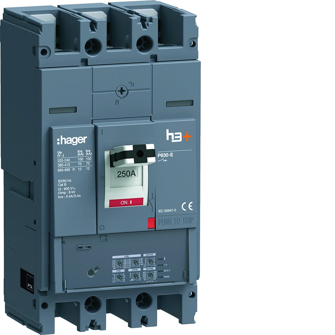 Kompaktikatkaisija h3+ p630 aset. LSI-suojareleellä 3-napainen 250A 70kA