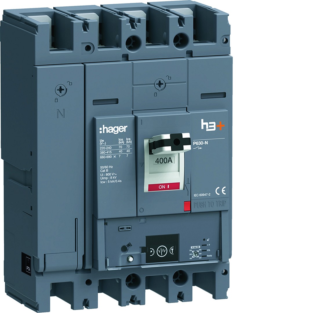 Kompaktikatkaisija h3+ p630 mittaust. Energy-suojareleellä 4-napainen 400A 40kA