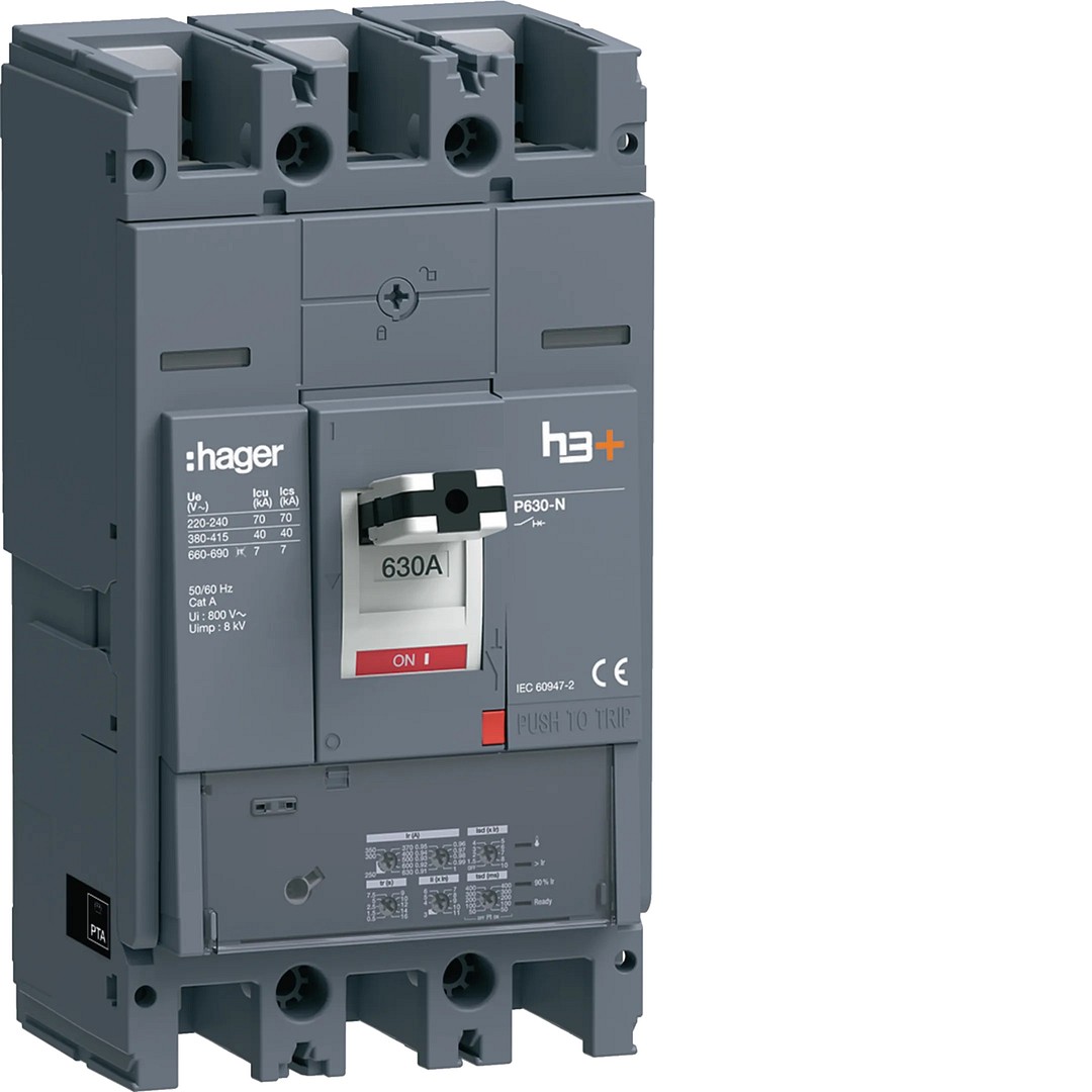 Kompaktikatkaisija h3+ p630 aset. LSI-suojareleellä 3-napainen 630A 40kA