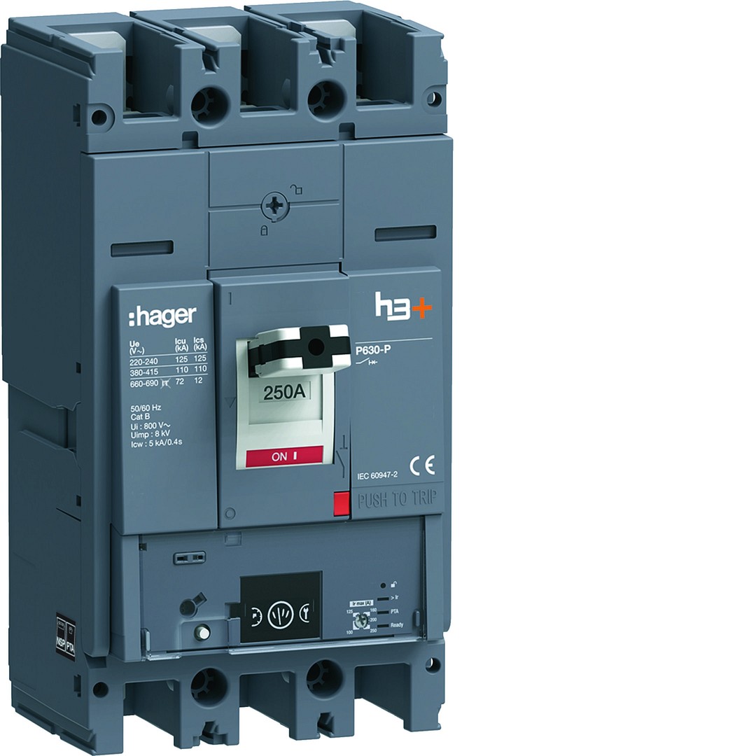 Kompaktikatkaisija h3+ p630 mittaust. Energy-suojareleellä 3-napainen 250A 110kA