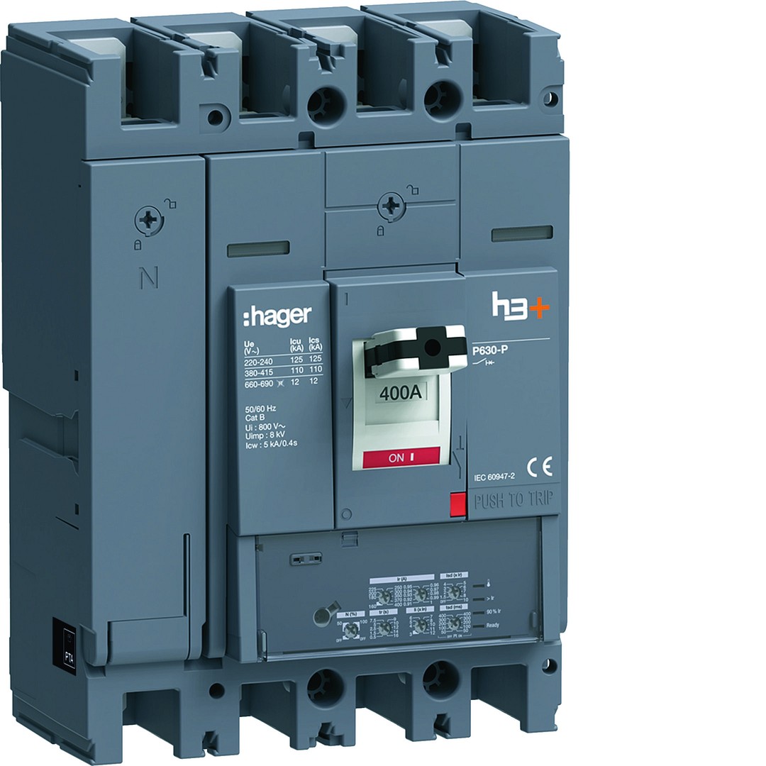 Kompaktikatkaisija h3+ p630 aset. LSI-suojareleellä 4-napainen 400A 110kA