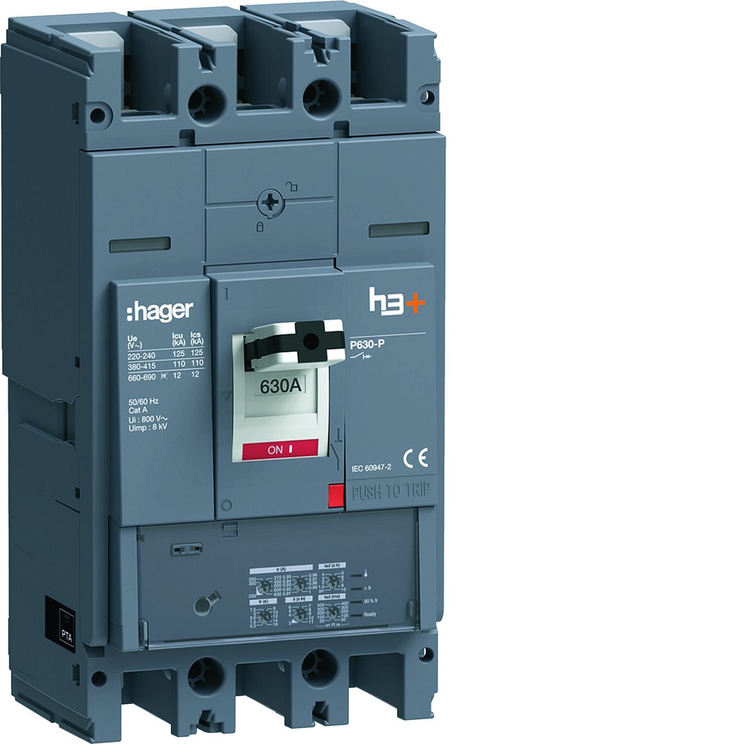 Kompaktikatkaisija h3+ p630 aset. LSI-suojareleellä 3-napainen 630A 110kA