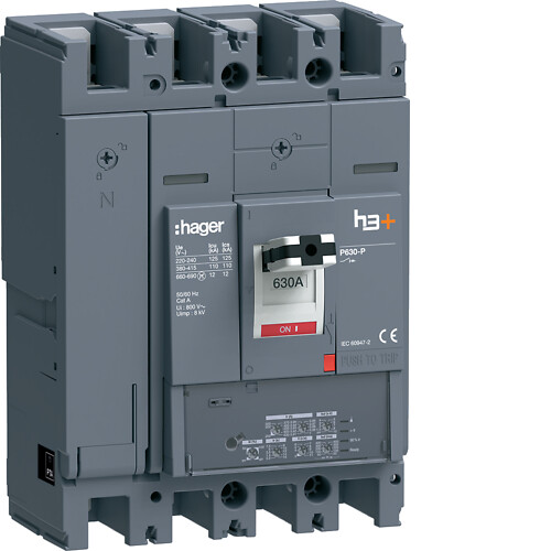 Kompaktikatkaisija h3+ p630 aset. LSI-suojareleellä 4-napainen 630A 110kA