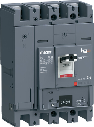 Kompaktikatkaisija h3+ p630 mittaust. Energy-suojareleellä 4-napainen 630A 110kA