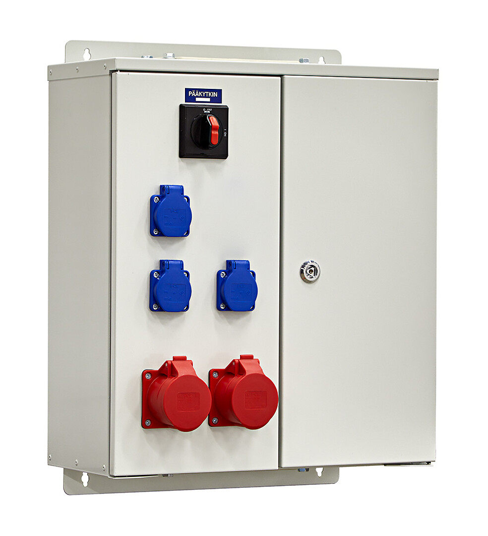 Pistorasiakeskus IP44 pinta In=63A, FE, voimavirta 1x32A+1x16A, 3xSchuko