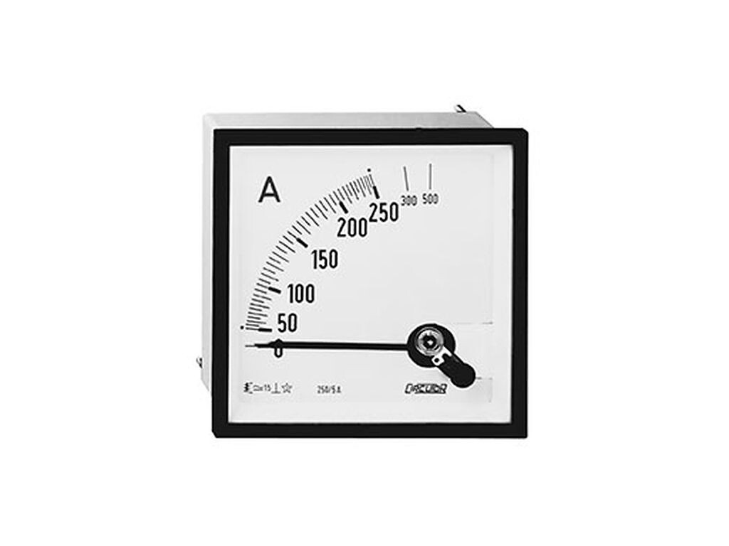Analoginen virtamittari suoramittaus 75A asteikko 90º, P2, koko 72x72x49,2 mm M6