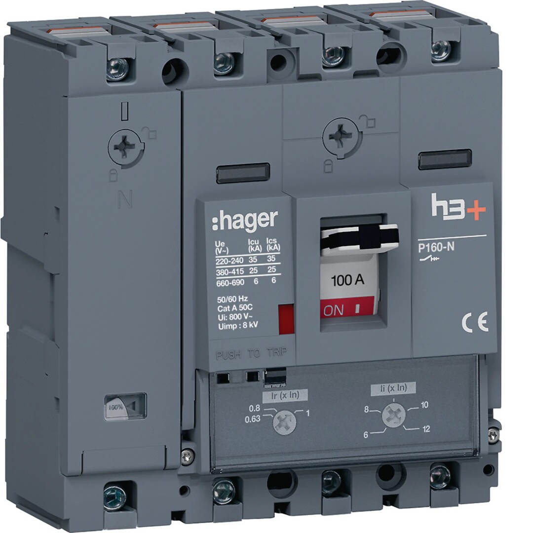 Kompaktikatkaisija h3+ p160 aset. TM-suojareleellä 4-napainen 100A 25kA