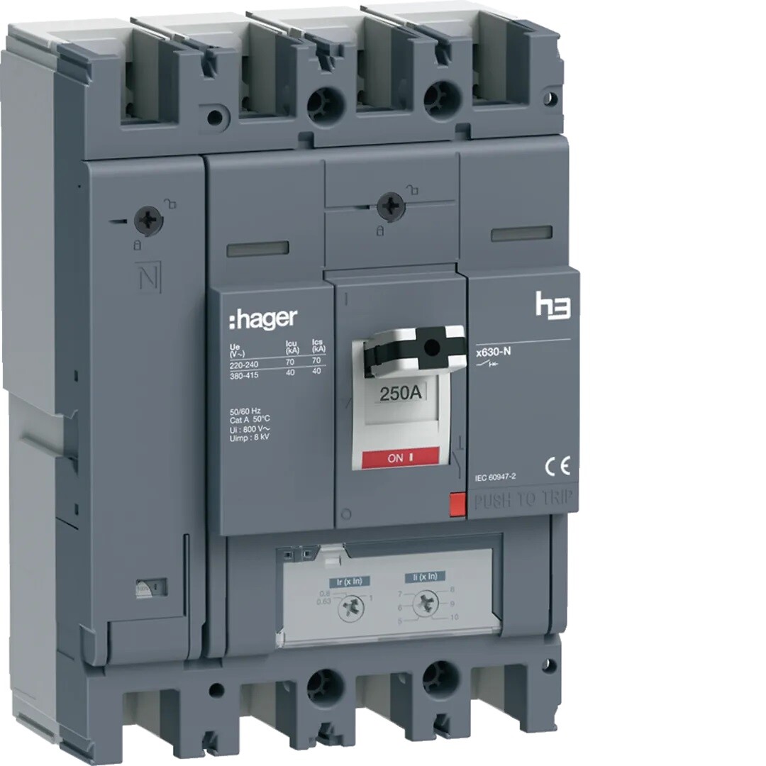 Kompaktikatkaisija h3+ x630 aset. TM-suojareleellä 4-napainen 250A 40kA