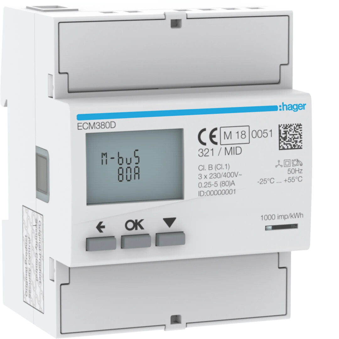 Energiamittari 3-vaiheinen, suora 80A, 4 moduulia, M-bus, MID