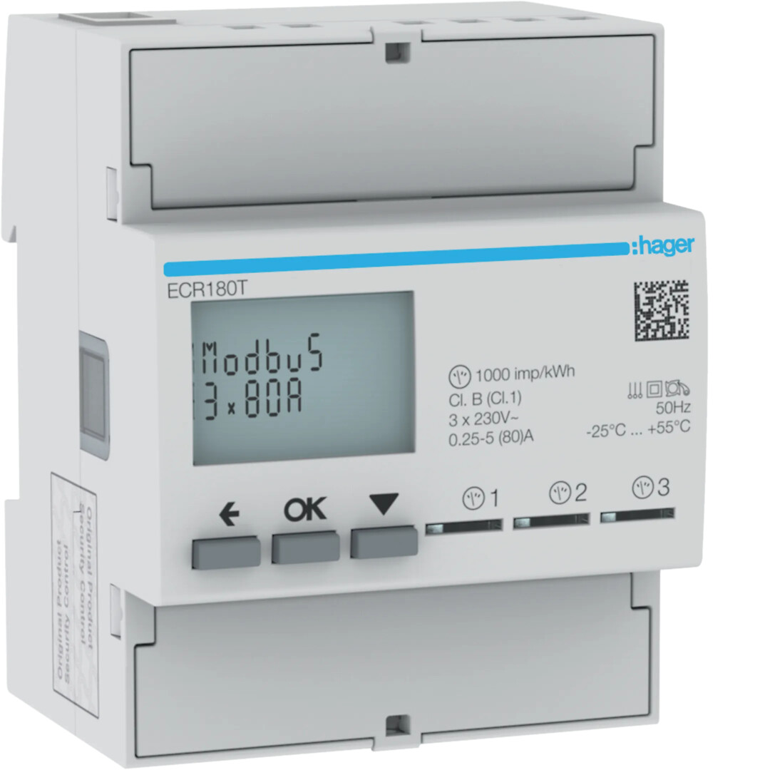 Energiamittari 1-vaiheinen, suora 3x80A, 4 moduulia, Modbus