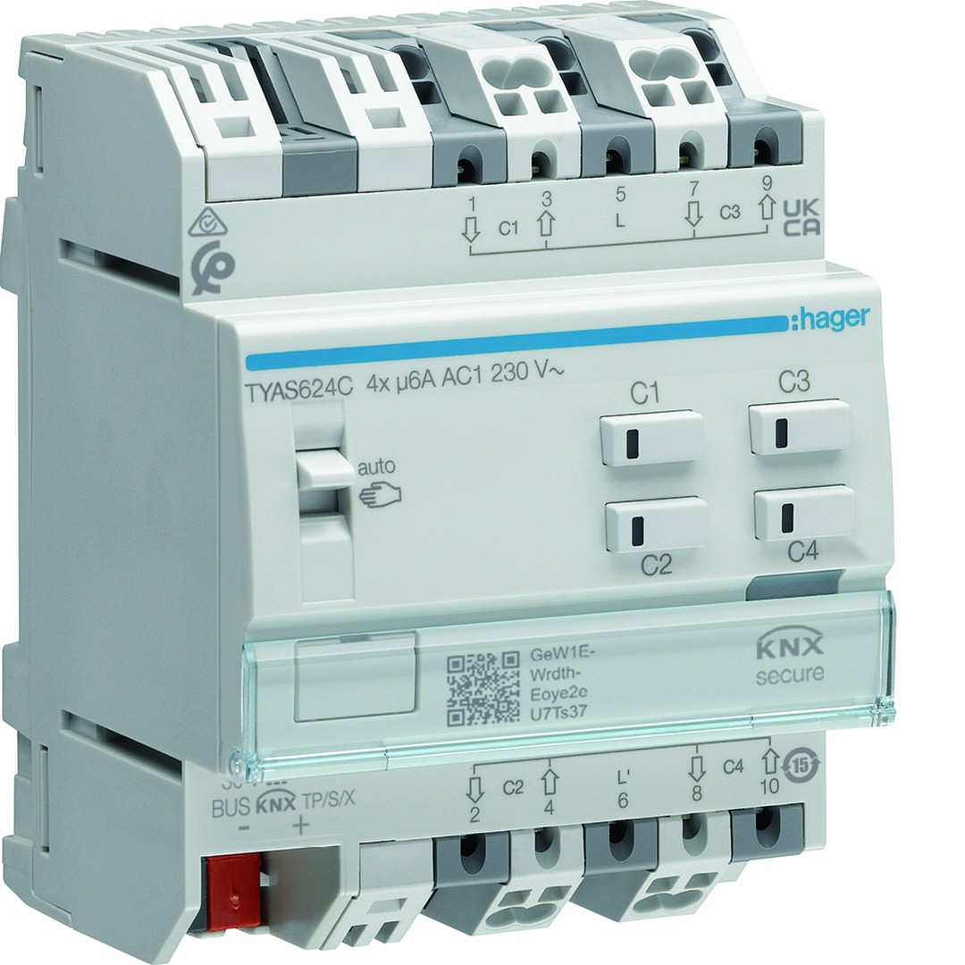 Säle-/rullaverholähtöyksikkö KNX 4-kanavainen 6A 230VAC, KNX Secure