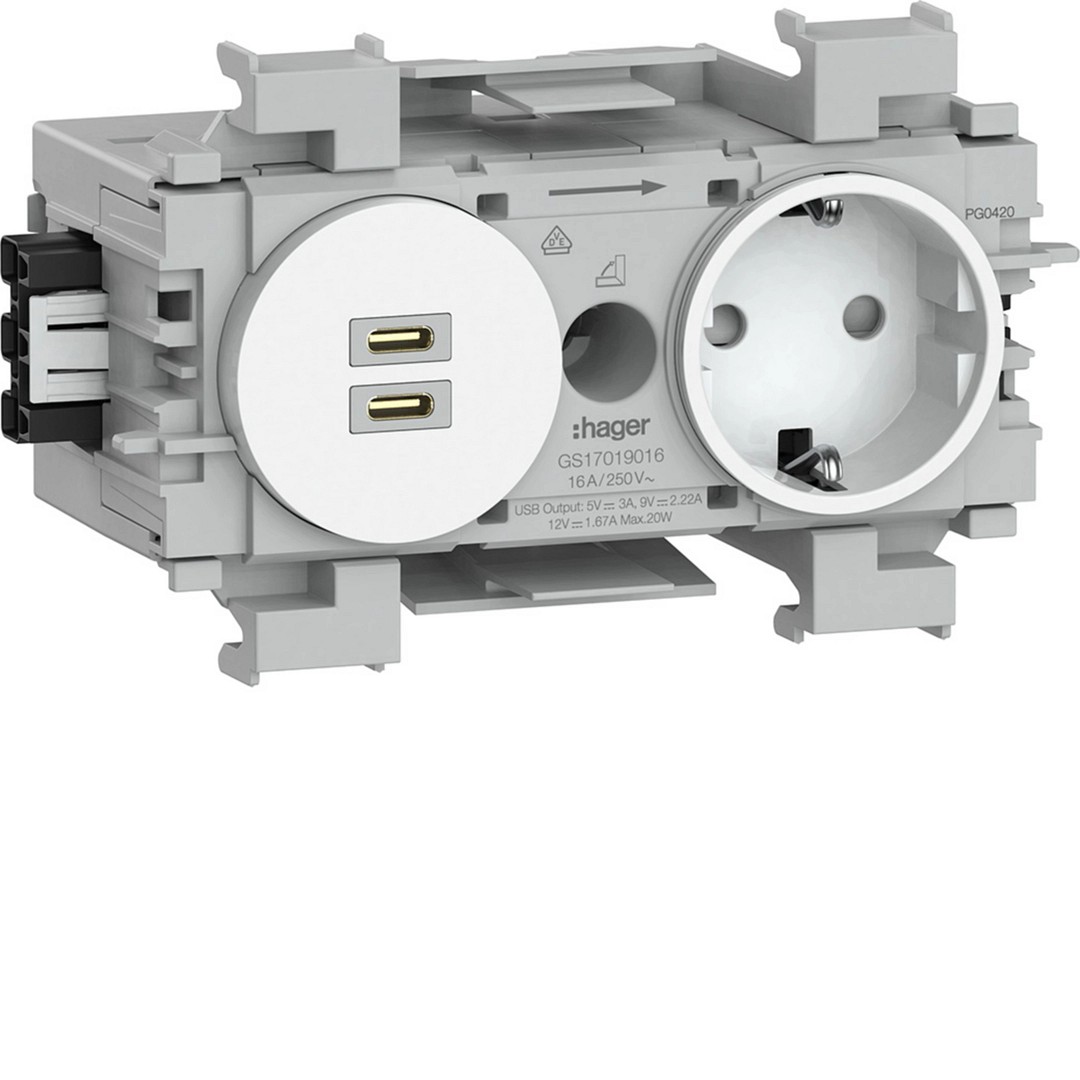 Pistorasia 1-osainen USB-laturilla C+C 20W Wago Winsta etur. liikenteenvalkoinen
