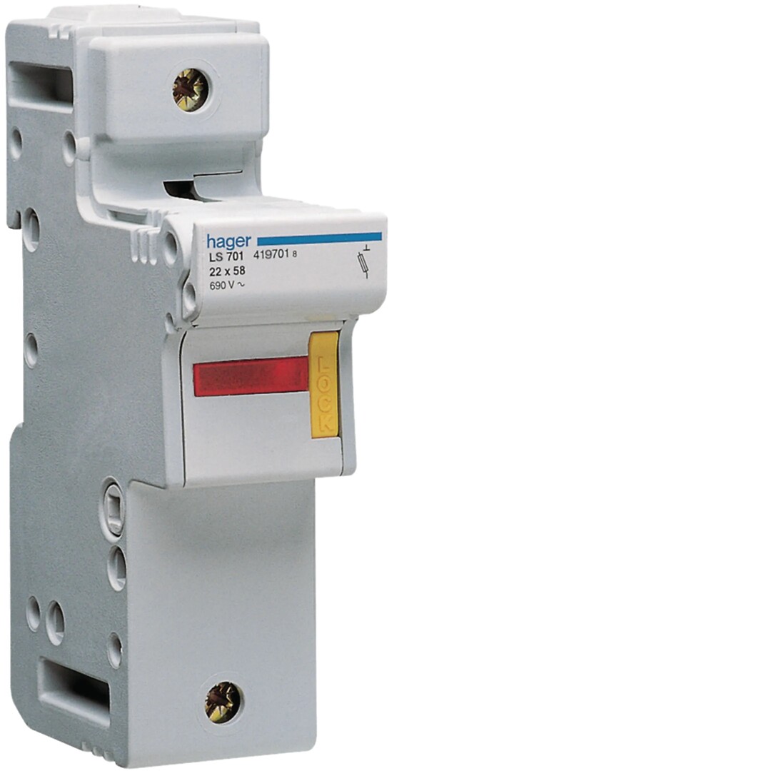 Putkisulakealusta 1-napainen 125A 22×58 mm, 1.5 moduulia, 690VAC
