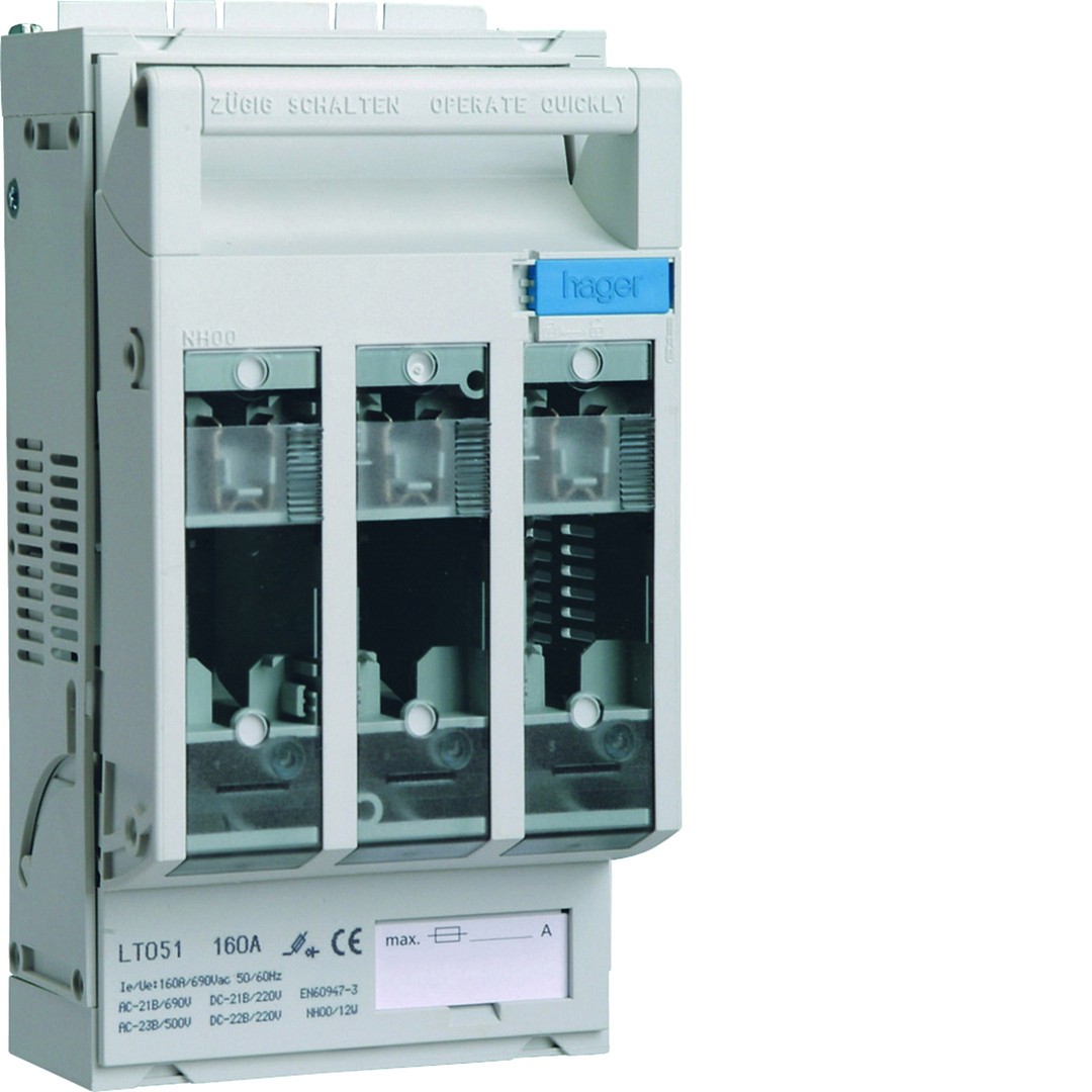 Sulakealusta NH00 160A, kehikkoliittimillä tulo 95mm² lähtö 3×16 mm², DIN-kisko