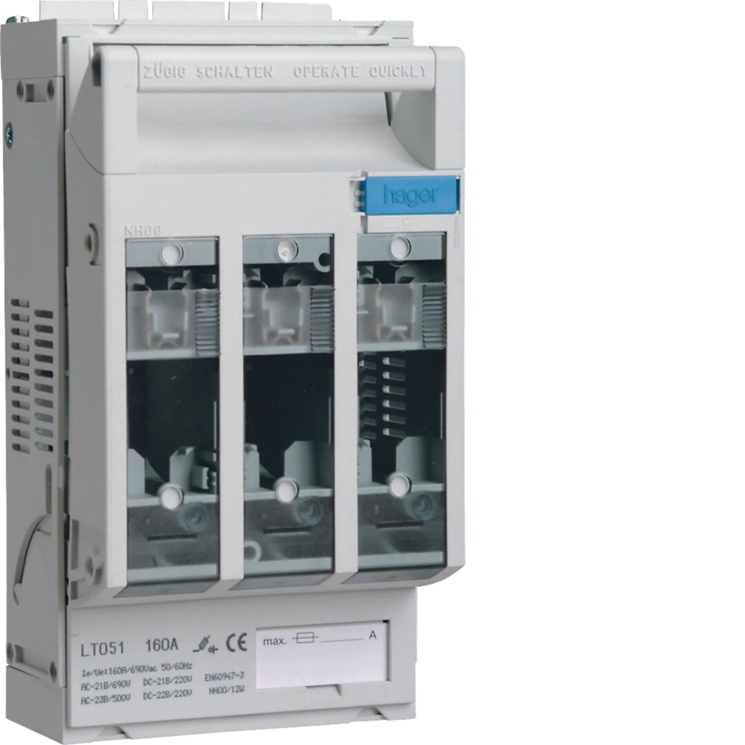 Sulakealusta NH00 160A, kehikkoliittimillä tulo 95mm² lähtö 3×16 mm², DIN-kisko