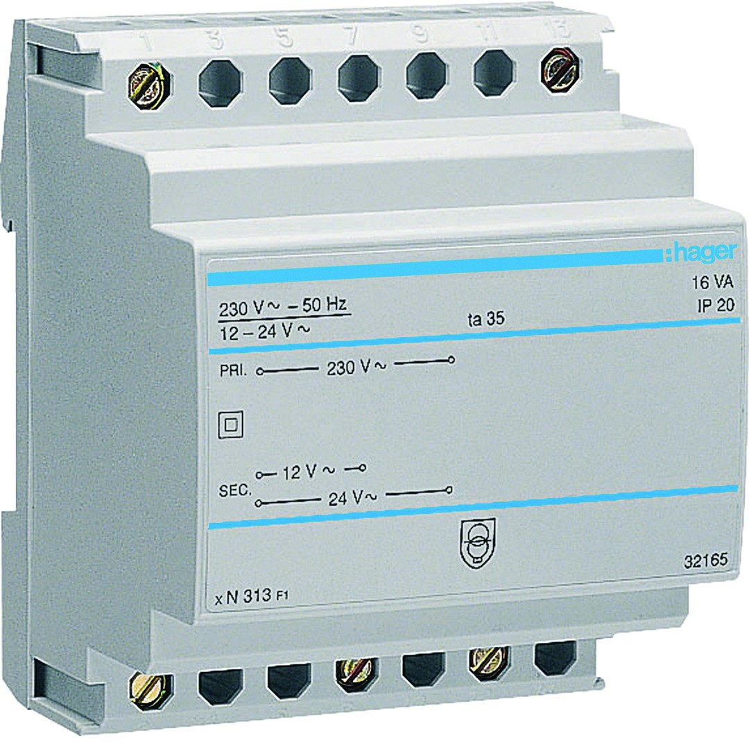 Suojajännitemuuntaja 230V / 12V ja 24V 16VA 4 moduulia