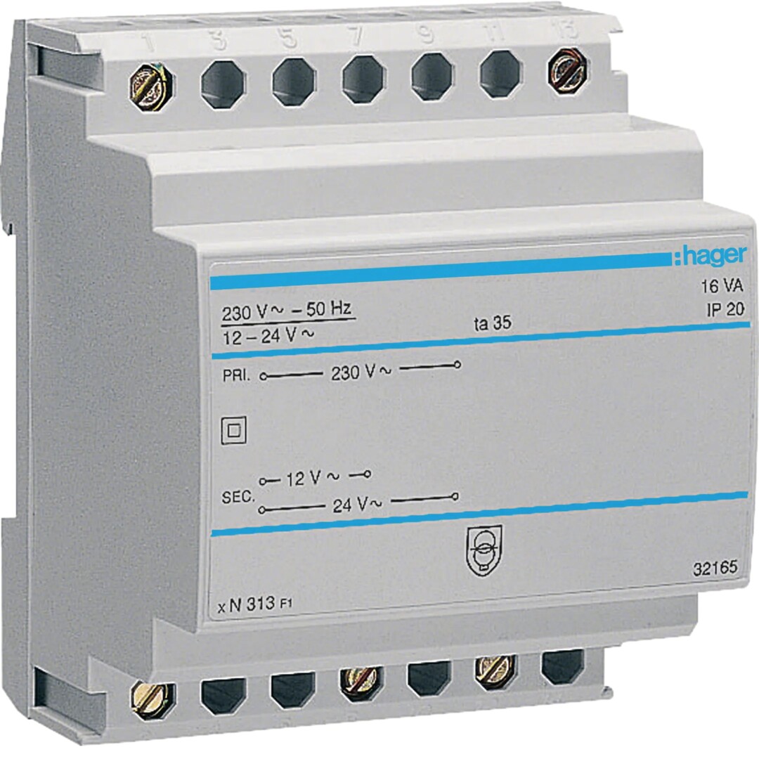Suojajännitemuuntaja 230V / 12V ja 24V 16VA 4 moduulia