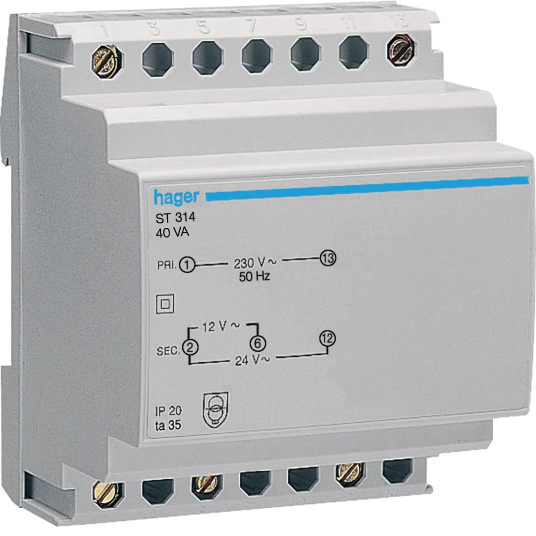 Suojajännitemuuntaja 230V / 12V ja 24V 40VA 4 moduulia
