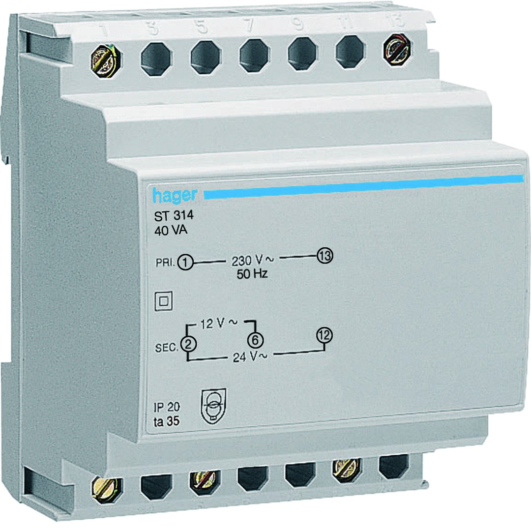 Suojajännitemuuntaja 230V / 12V ja 24V 40VA 4 moduulia