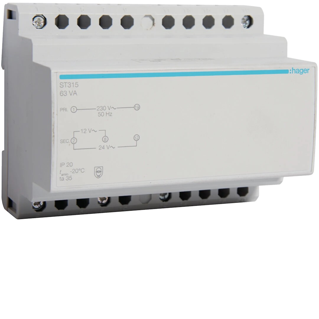Suojajännitemuuntaja 230V / 12V ja 24V 63VA 6 moduulia