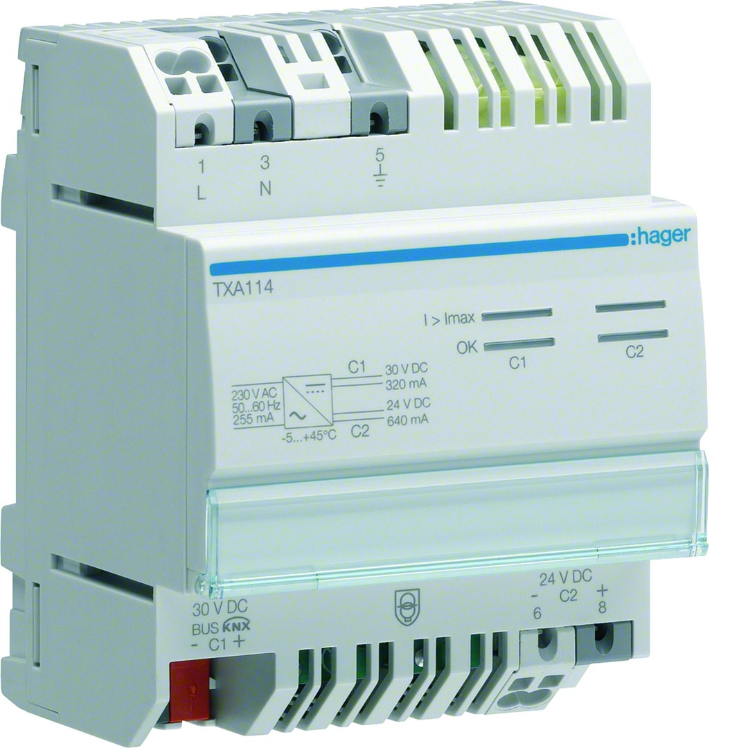 Teholähde KNX 1 lähtö sisältäen kuristimen 320mA + 1 lähtö 24VDC 640mA